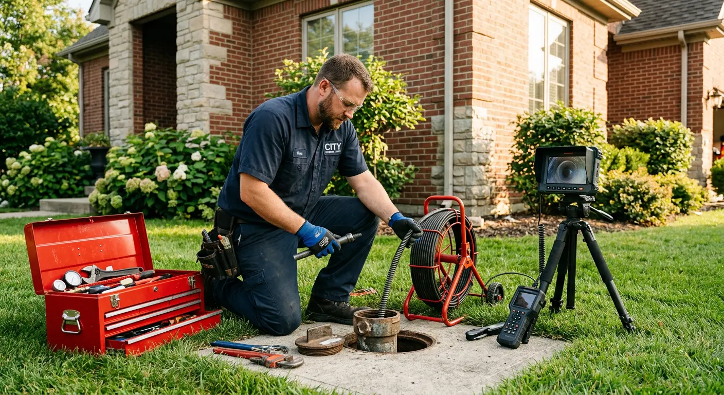 Sewer specialist with camera equipment servicing a cleanout in Georgetown